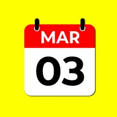 Calendar Icon Showing March 3rd. Date Reminder Symbol in Red and White Flat Design Vector