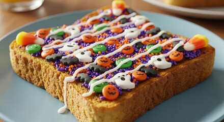 Colorful cake slice with whipped cream and colorful sprinkles on a blue plate