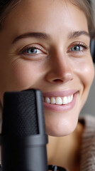 Close-up of smiling eyes and face behind transparent microphone for audio recording