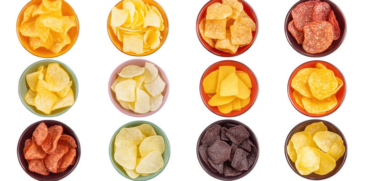A display of various potato chips in colorful bowls arranged in a grid pattern. different flavors and textures. perfect for snack promotion or culinary presentations