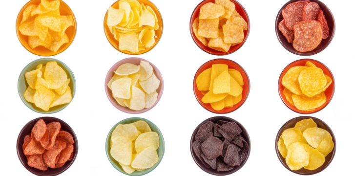 A display of various potato chips in colorful bowls arranged in a grid pattern. different flavors and textures. perfect for snack promotion or culinary presentations