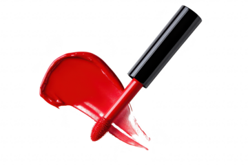 A red liquid lipstick with a sleek black applicator. artistically spilled on a clean white background. its rich color and smooth texture. ideal for beauty product advertising