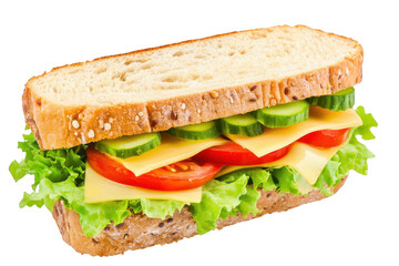 A fresh and colorful sandwich loaded with crisp lettuce. juicy tomatoes. crunchy cucumbers. and creamy cheese. set against a clean white background. ideal for food photography and culinary use