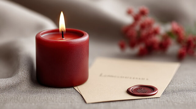 Elegant candlelit still life with velvet card and wax seal for romantic or holiday decor - Powered by Adobe