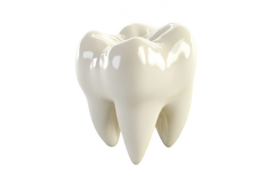 A close-up view of a glossy. three-dimensional tooth model its detailed anatomy and smooth surface. set against a clean. white background. ideal for dental education and marketing