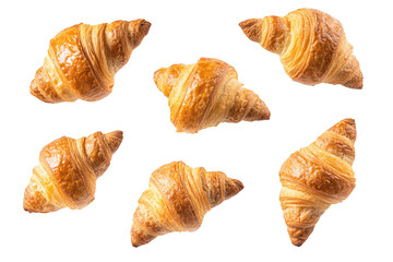 A collection of freshly baked croissants arranged artistically on a bright white background. their flaky texture and golden-brown color. ideal for culinary publications or bakery advertisements