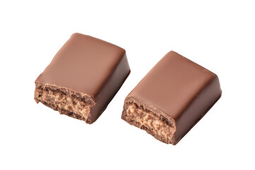 Two chocolate bars with a smooth. shiny coating. one cut in half to reveal a creamy filling. placed on a clean white background. ideal for food photography or advertising