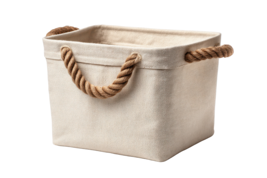 Square beige fabric storage basket with thick rope handles on black background image, Isolated On Transparent Background, Png