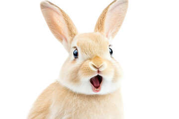 Obraz premium A surprised. fluffy rabbit with large expressive eyes and a wide-open mouth. set against a clean white background. perfect for conveying joy and innocence in various creative projects