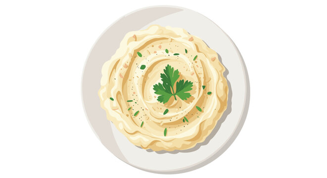A creamy and fluffy serving of classic mashed potatoes in a white bowl, garnished with a fresh sprig of parsley on top.