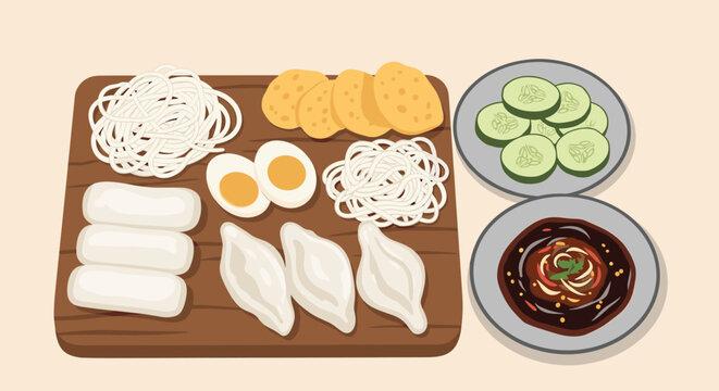 A traditional Indonesian platter of Pempek from Palembang, featuring various fishcakes with noodles, egg, and a sweet spicy sauce.