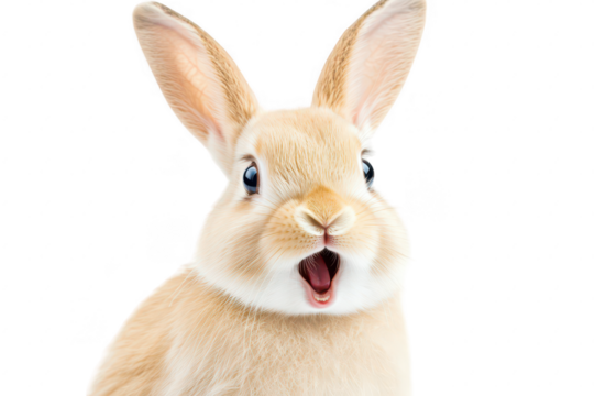 A surprised. fluffy rabbit with large expressive eyes and a wide-open mouth. set against a clean white background. perfect for conveying joy and innocence in various creative projects