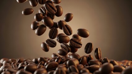 Flying coffee beans in studio lighting close-up photography dark background captivating beverage concept