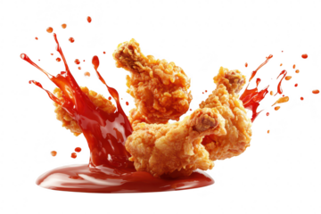 A dynamic splash of red sauce surrounding crispy fried chicken pieces. a mouthwatering culinary scene perfect for food advertisements or recipe blogs