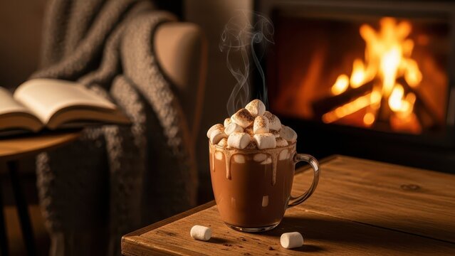 Cozy evening relaxation living room food photography warm environment close-up hot chocolate with marshmallows