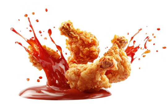 A dynamic splash of red sauce surrounding crispy fried chicken pieces. a mouthwatering culinary scene perfect for food advertisements or recipe blogs