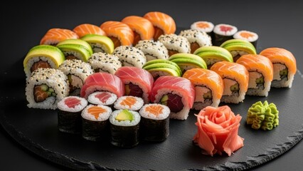 Sushi platter presentation gourmet restaurant food photography elegant setting close-up culinary art