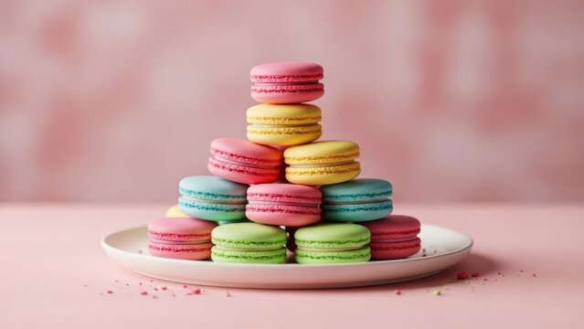 Colorful macarons stacked on plate pastry display playful bakery environment close-up view - Powered by Adobe