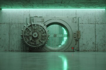 A high-security storage facility showcasing imposing vault doors, bathed in ambient green light, with polished concrete walls and a minimalist design