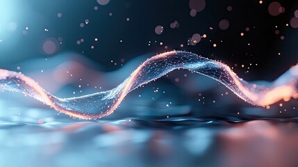 An abstract, glowing digital wave form with interconnected nodes and scattered particles, set against a dark, futuristic background with soft blue and orange li