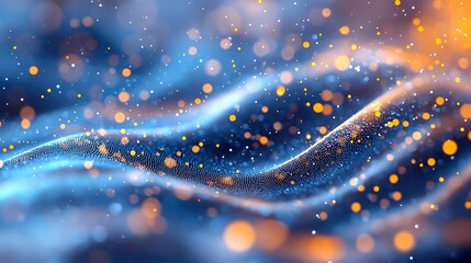 Abstract digital rendering of flowing blue waves covered in tiny particles, with scattered orange and white bokeh lights creating a luminous and dynamic atmosph