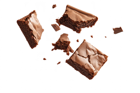 A dynamic shot of delicious chocolate brownies breaking apart in mid-air. their rich texture and glossy surface. perfect for dessert-themed culinary projects