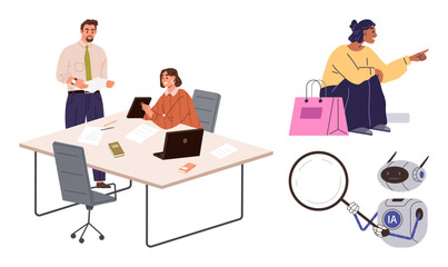 Fototapeta na wymiar Two professionals at a desk with laptops and documents, a shopper with bags, a robotic assistant, and magnifying glass. Ideal for teamwork, tech innovation, e-commerce, research, AI customer focus