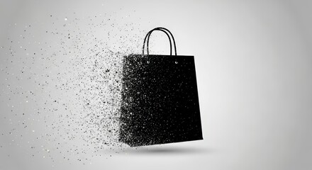 Black shopping bag dissolving into sparkling particles symbolizing ephemeral retail experiences