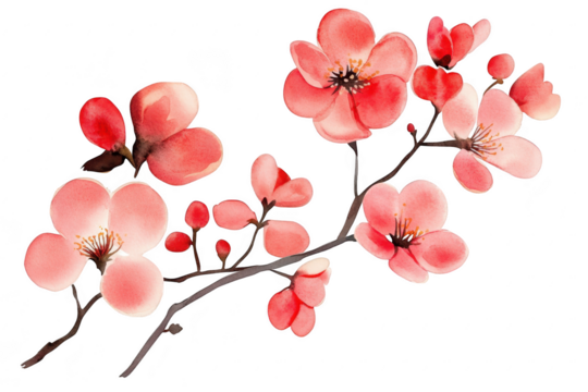 A delicate watercolor illustration of cherry blossom branches with pink and red flowers. springs beauty and tranquility. perfect for nature-themed designs or seasonal decor - Powered by Adobe