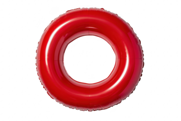 A red inflatable ring designed for summer fun. floating against a clean white background. suggesting leisure and relaxation at a beach or poolside setting
