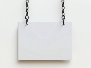 Blank Sign Hanging on Chains against Minimalist Wall Background