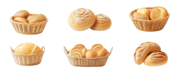 A variety of freshly baked bread rolls and buns arranged in wicker baskets. different shapes and textures. ideal for bakery menus or culinary publications