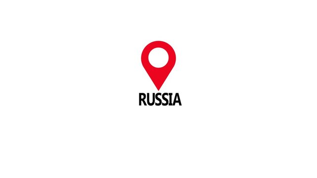 Red location pin icon with white circle above the word Russia on a black background map marker navigation