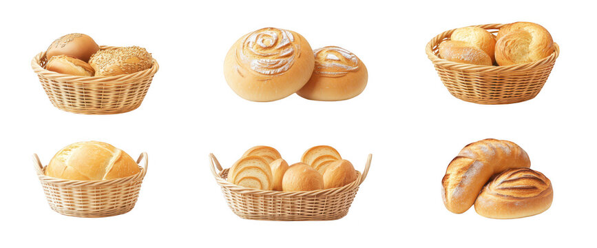 A variety of freshly baked bread rolls and buns arranged in wicker baskets. different shapes and textures. ideal for bakery menus or culinary publications