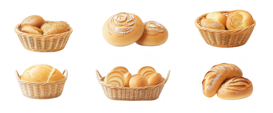 A variety of freshly baked bread rolls and buns arranged in wicker baskets. different shapes and textures. ideal for bakery menus or culinary publications