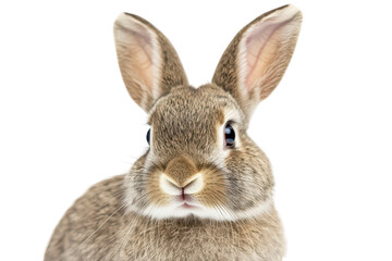 Obraz premium A close-up portrait of a fluffy brown rabbit with large ears and bright eyes. set against a clean white background. ideal for nature-themed projects or animal-related content