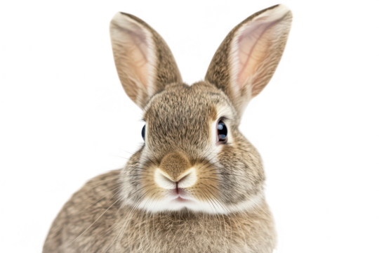 A close-up portrait of a fluffy brown rabbit with large ears and bright eyes. set against a clean white background. ideal for nature-themed projects or animal-related content