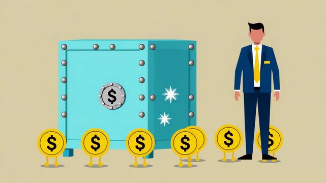 Financial Security Concept with Vault, Businessman and Walking Coins