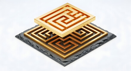 Layered golden geometric maze floating above a textured dark labyrinth, conceptualizing challenge, strategy, and solutions.