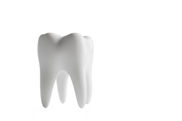 A glossy. oversized white tooth sculpture stands prominently against a minimalist white background. symbolizing dental health and hygiene. ideal for medical or dental-related content