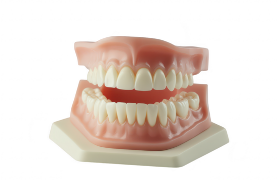 A realistic dental model upper and lower teeth. designed for educational purposes. displayed against a clean white background. ideal for dental training and patient education