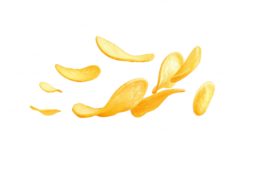 A dynamic arrangement of floating potato chips captured against a clean white background. emphasizing their crisp texture and color. ideal for food advertising and culinary presentations