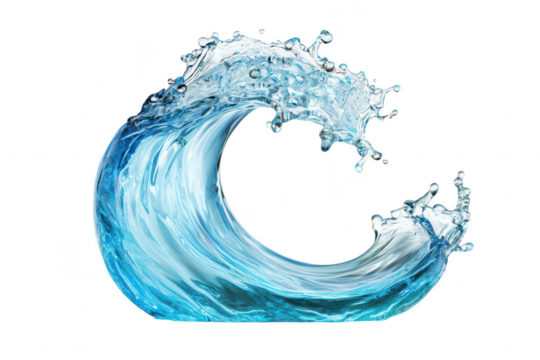 A dynamic. translucent wave of crystal-clear water gracefully curls and splashes. capturing the essence of movement and fluidity. perfect for backgrounds in aquatic themes or nature-related projects