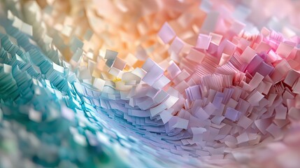 An abstract composition of small, layered paper squares in pastel shades of blue, pink, and orange, arranged in a flowing, wave-like pattern with soft, diffused