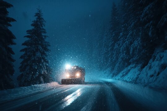 Snow removal equipment illuminated by bright headlights, clearing a winter road at night, surrounded by tall snow-laden trees, creating a serene atmosphere