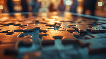 A digital puzzle on a tablet screen showing the pieces of a business plan slowly coming together, with business people in the background discussing the next move in their strategy.