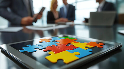 A digital puzzle on a tablet screen showing the pieces of a business plan slowly coming together, with business people in the background discussing the next move in their strategy.