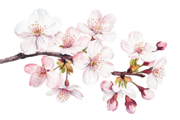 A delicate branch of cherry blossoms in full bloom. soft pink flowers and budding petals against a clean white background. perfect for spring-themed designs and nature illustrations
