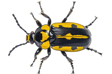 A yellow and black beetle positioned centrally against a white background. its intricate patterns and features. ideal for educational or scientific use