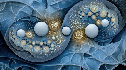 An abstract, organic, and intricate pattern in shades of blue and gold, featuring smooth spheres and detailed circular motifs, with a cosmic and glowing atmosph